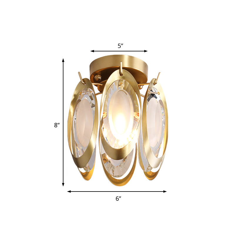 Oval Metal and Crystal Ceiling Light Fixture Modern 1 Light Brass Semi Flush Mount Light Clearhalo 'Ceiling Lights' 'Close To Ceiling Lights' 'Close to ceiling' 'Semi-flushmount' Lighting' 221923