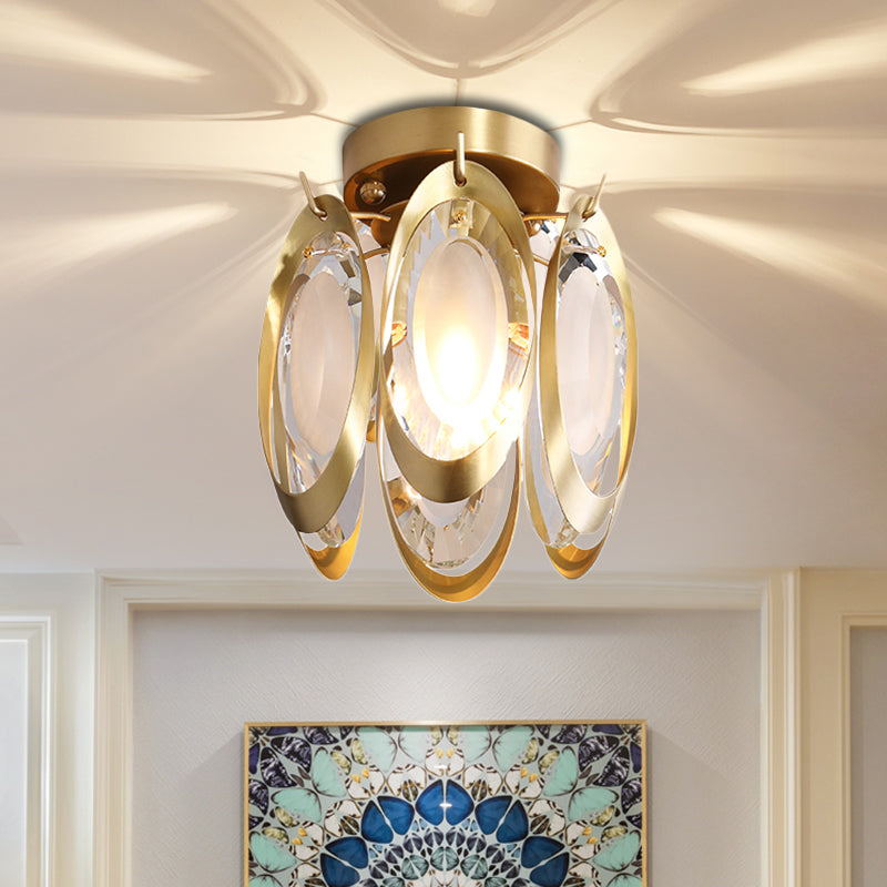 Oval Metal and Crystal Ceiling Light Fixture Modern 1 Light Brass Semi Flush Mount Light Brass Clearhalo 'Ceiling Lights' 'Close To Ceiling Lights' 'Close to ceiling' 'Semi-flushmount' Lighting' 221925