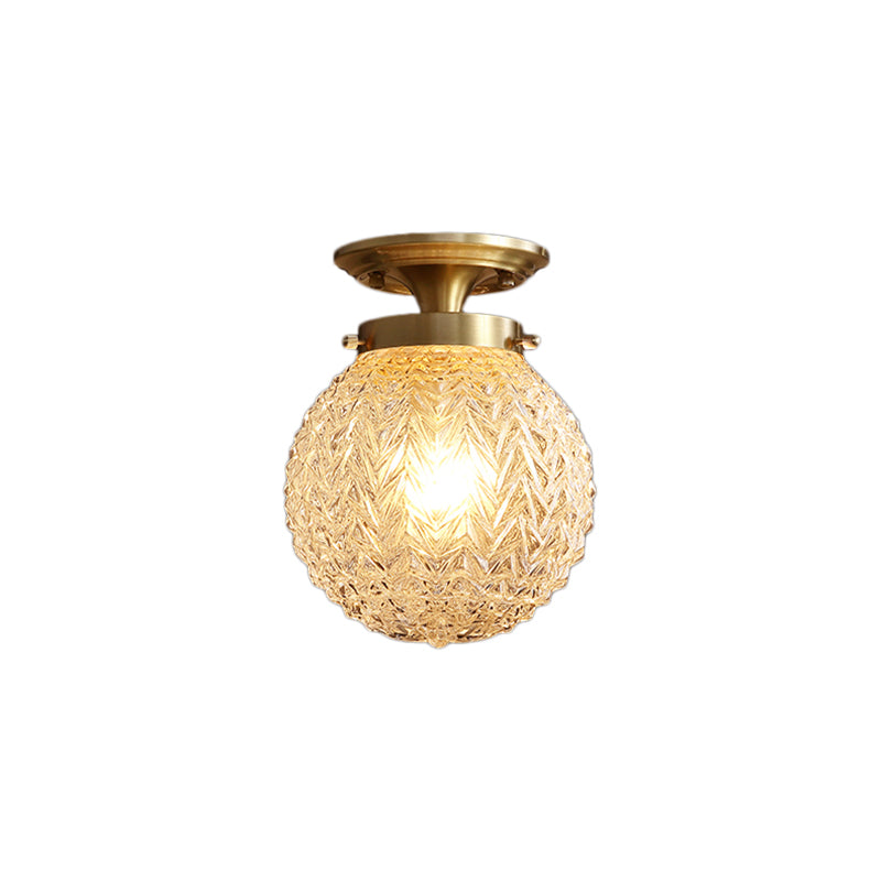 Globe Semi Flush Mount Light Postmodern Textured Crystal 1 Light Brass Ceiling Light Clearhalo 'Ceiling Lights' 'Close To Ceiling Lights' 'Close to ceiling' 'Semi-flushmount' Lighting' 221928