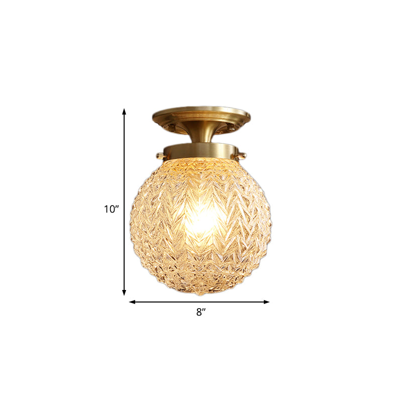 Globe Semi Flush Mount Light Postmodern Textured Crystal 1 Light Brass Ceiling Light Clearhalo 'Ceiling Lights' 'Close To Ceiling Lights' 'Close to ceiling' 'Semi-flushmount' Lighting' 221929