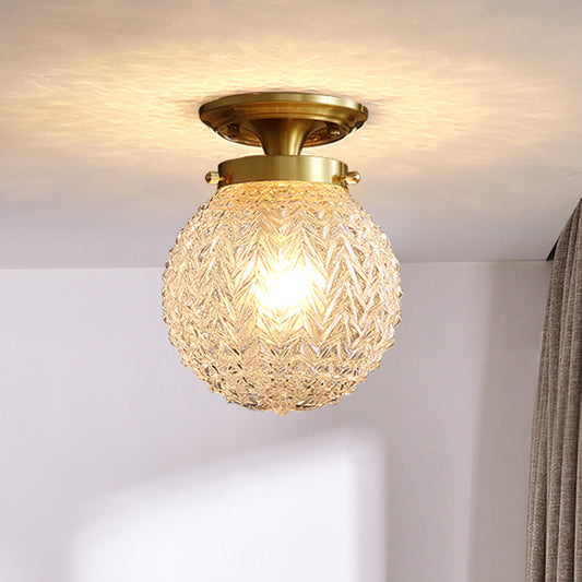 Globe Semi Flush Mount Light Postmodern Textured Crystal 1 Light Brass Ceiling Light Brass Clearhalo 'Ceiling Lights' 'Close To Ceiling Lights' 'Close to ceiling' 'Semi-flushmount' Lighting' 221930