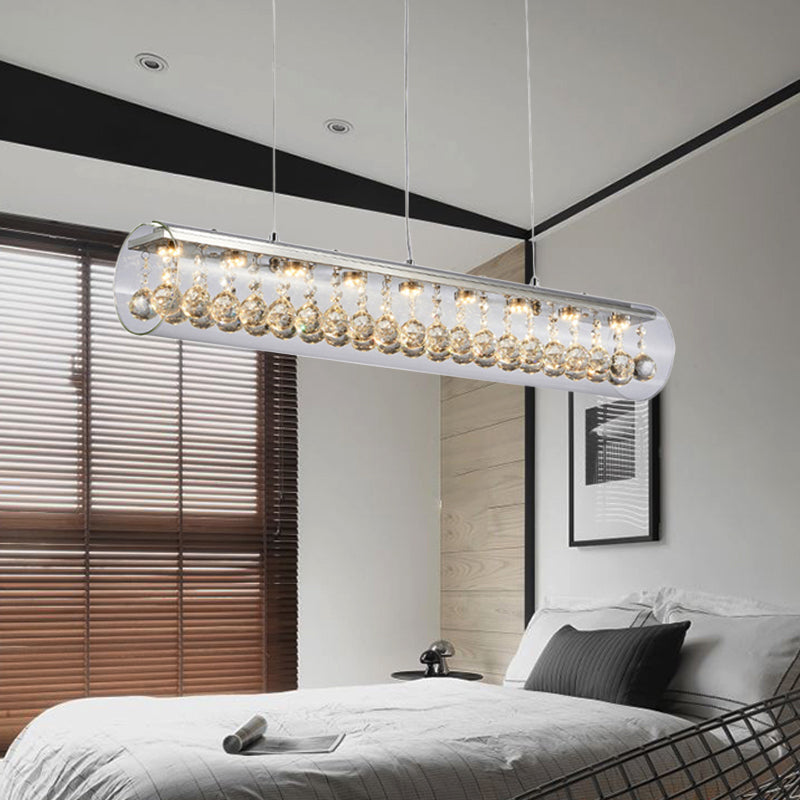 Modern Horizontal Cylinder Island Light Glass 5 Lights Living Room Hanging Ceiling Light with Faceted Crystal Ball Clear Clearhalo 'Ceiling Lights' 'Glass shade' 'Glass' 'Island Lights' Lighting' 221937
