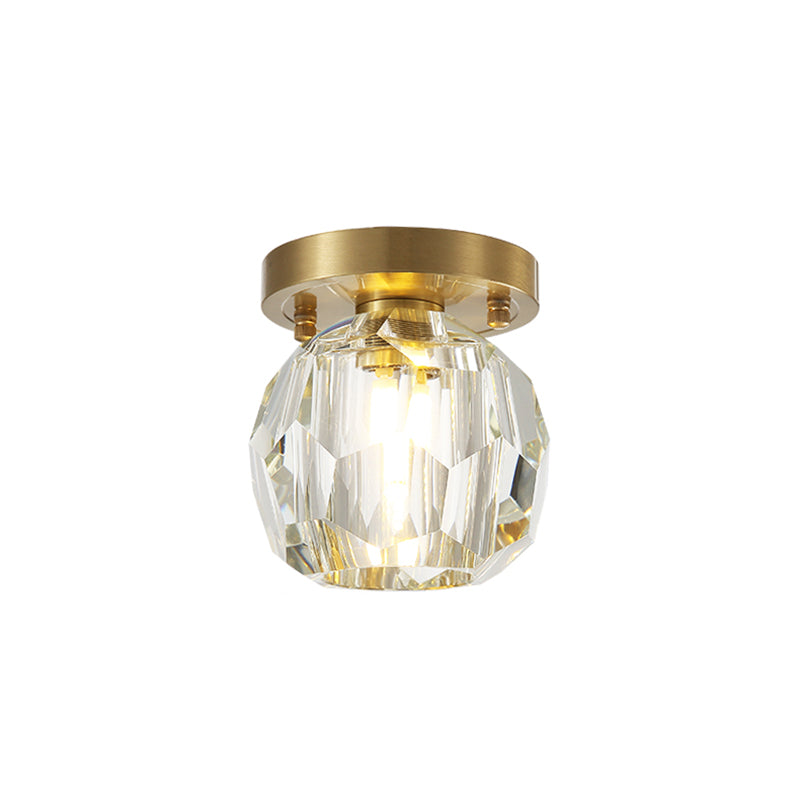 Globe Flush Mount Light Contemporary Faceted Crystal Shade 1 Light Brass Ceiling Fixture for Corridor Clearhalo 'Ceiling Lights' 'Close To Ceiling Lights' 'Close to ceiling' 'Semi-flushmount' Lighting' 221960