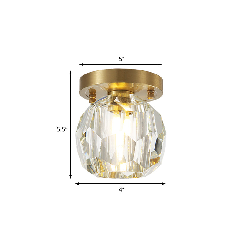 Globe Flush Mount Light Contemporary Faceted Crystal Shade 1 Light Brass Ceiling Fixture for Corridor Clearhalo 'Ceiling Lights' 'Close To Ceiling Lights' 'Close to ceiling' 'Semi-flushmount' Lighting' 221961