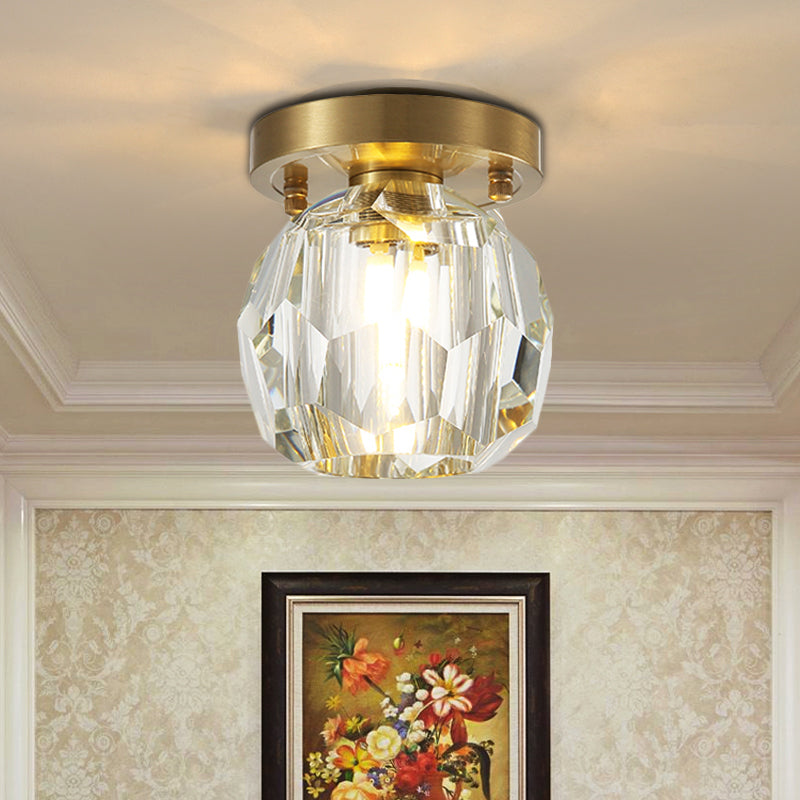 Globe Flush Mount Light Contemporary Faceted Crystal Shade 1 Light Brass Ceiling Fixture for Corridor Clearhalo 'Ceiling Lights' 'Close To Ceiling Lights' 'Close to ceiling' 'Semi-flushmount' Lighting' 221964