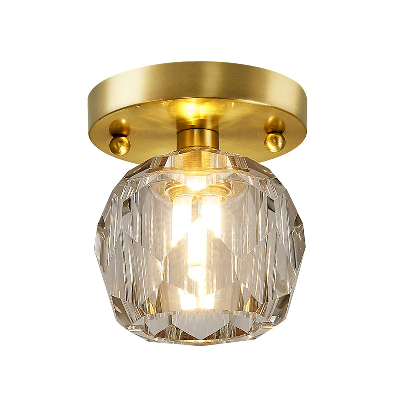 Faceted Crystal Globe Shade Semi Flush Mount Modern 1 Light Brass Ceiling Mounted Light Clearhalo 'Ceiling Lights' 'Close To Ceiling Lights' 'Close to ceiling' 'Semi-flushmount' Lighting' 221967