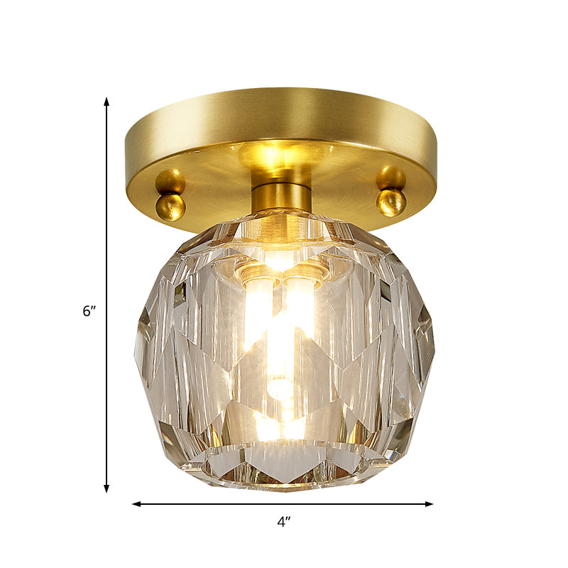 Faceted Crystal Globe Shade Semi Flush Mount Modern 1 Light Brass Ceiling Mounted Light Clearhalo 'Ceiling Lights' 'Close To Ceiling Lights' 'Close to ceiling' 'Semi-flushmount' Lighting' 221968