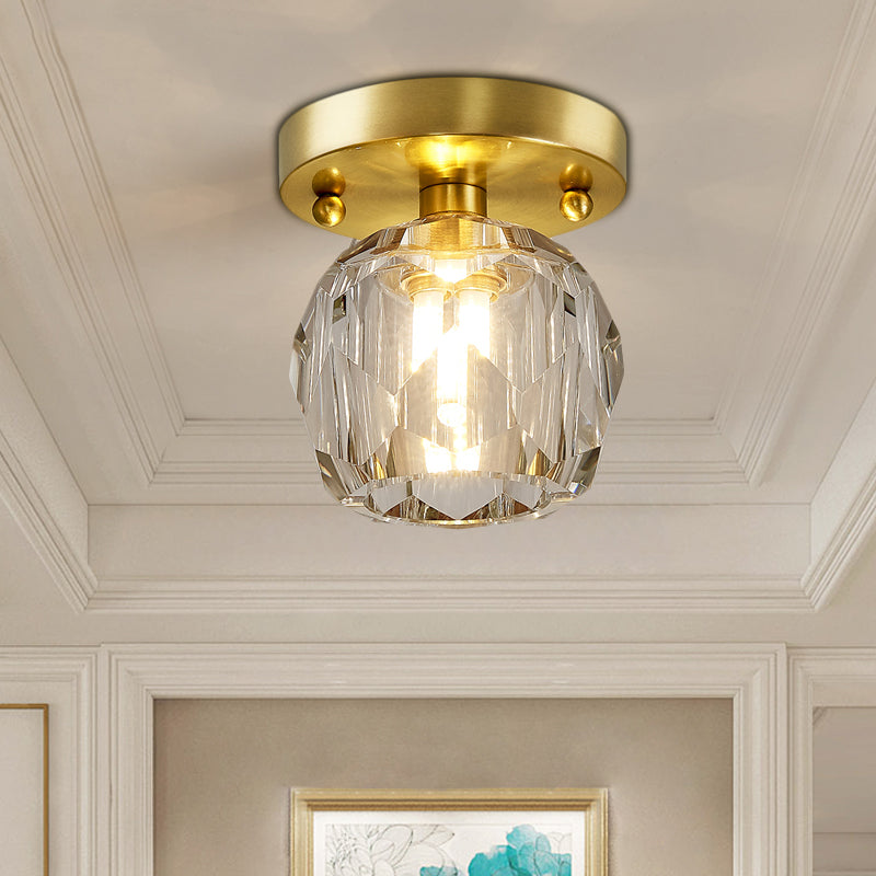 Faceted Crystal Globe Shade Semi Flush Mount Modern 1 Light Brass Ceiling Mounted Light Clearhalo 'Ceiling Lights' 'Close To Ceiling Lights' 'Close to ceiling' 'Semi-flushmount' Lighting' 221969