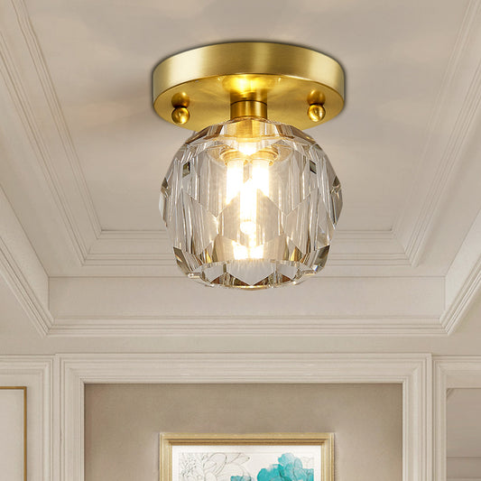 Faceted Crystal Globe Shade Semi Flush Mount Modern 1 Light Brass Ceiling Mounted Light Clearhalo 'Ceiling Lights' 'Close To Ceiling Lights' 'Close to ceiling' 'Semi-flushmount' Lighting' 221969