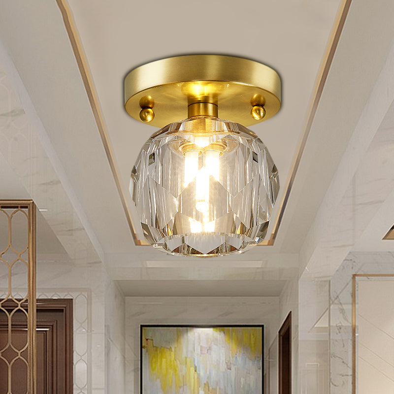 Faceted Crystal Globe Shade Semi Flush Mount Modern 1 Light Brass Ceiling Mounted Light Brass Clearhalo 'Ceiling Lights' 'Close To Ceiling Lights' 'Close to ceiling' 'Semi-flushmount' Lighting' 221970