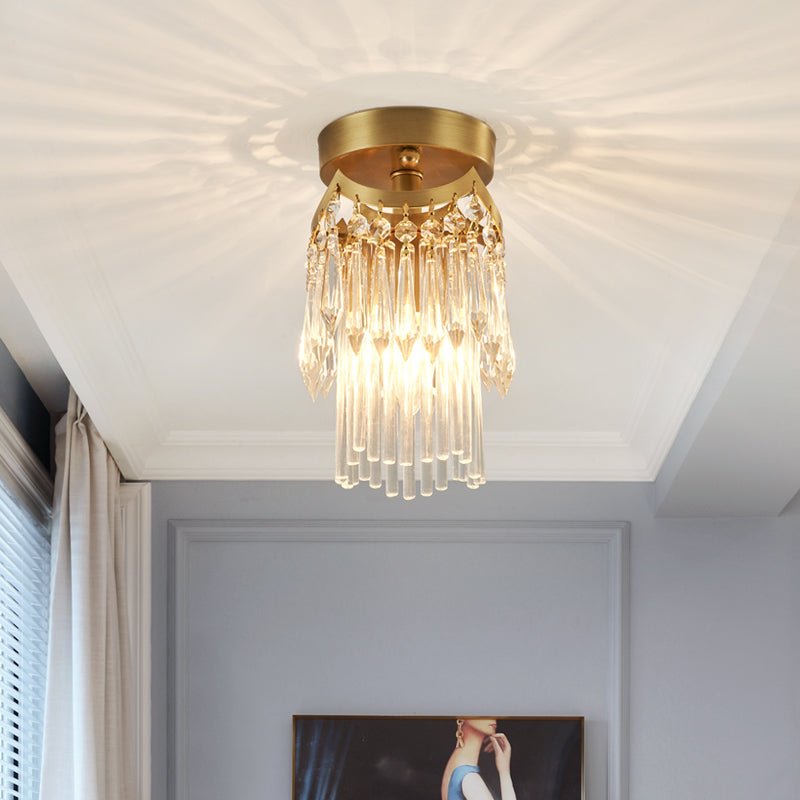 Brass Cylinder Ceiling Light Modern 1 Light Crystal Semi Flush Mount Light for Corridor Clearhalo 'Ceiling Lights' 'Close To Ceiling Lights' 'Close to ceiling' 'Semi-flushmount' Lighting' 221971