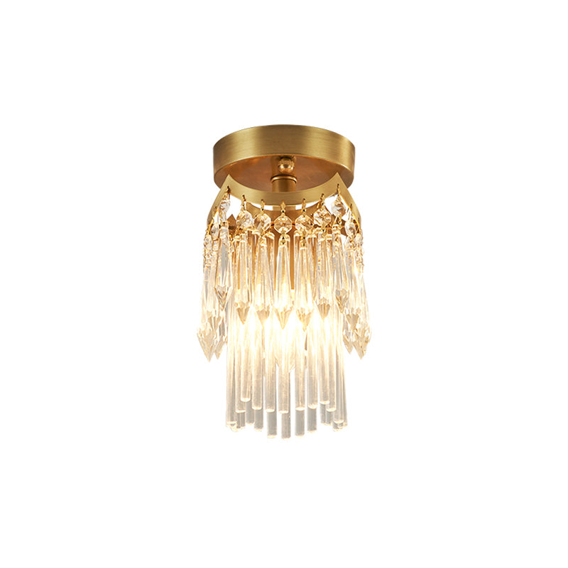 Brass Cylinder Ceiling Light Modern 1 Light Crystal Semi Flush Mount Light for Corridor Clearhalo 'Ceiling Lights' 'Close To Ceiling Lights' 'Close to ceiling' 'Semi-flushmount' Lighting' 221973