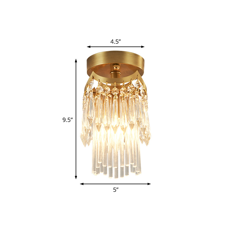 Brass Cylinder Ceiling Light Modern 1 Light Crystal Semi Flush Mount Light for Corridor Clearhalo 'Ceiling Lights' 'Close To Ceiling Lights' 'Close to ceiling' 'Semi-flushmount' Lighting' 221974