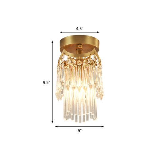 Brass Cylinder Ceiling Light Modern 1 Light Crystal Semi Flush Mount Light for Corridor Clearhalo 'Ceiling Lights' 'Close To Ceiling Lights' 'Close to ceiling' 'Semi-flushmount' Lighting' 221974