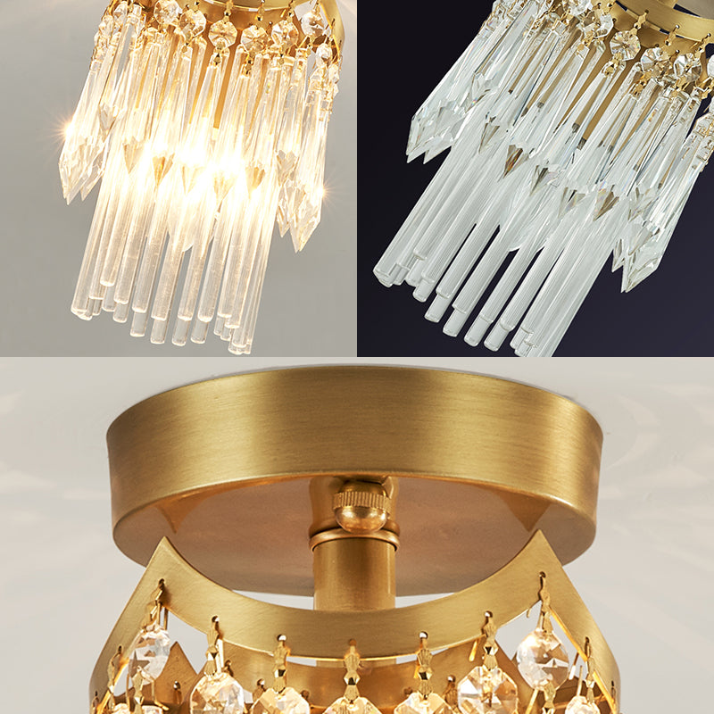 Brass Cylinder Ceiling Light Modern 1 Light Crystal Semi Flush Mount Light for Corridor Clearhalo 'Ceiling Lights' 'Close To Ceiling Lights' 'Close to ceiling' 'Semi-flushmount' Lighting' 221975