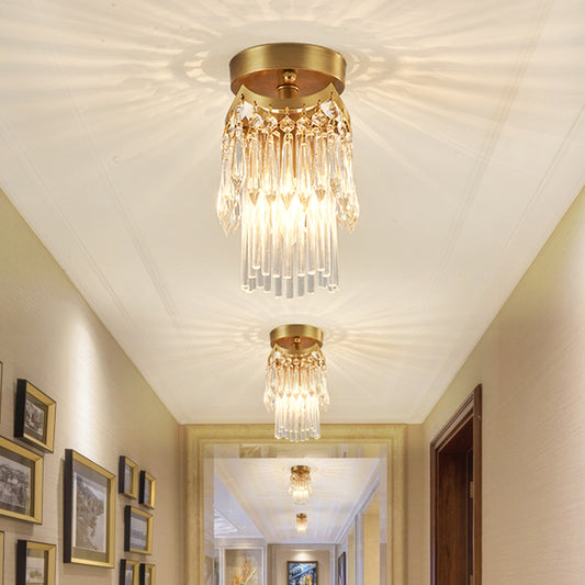 Brass Cylinder Ceiling Light Modern 1 Light Crystal Semi Flush Mount Light for Corridor Brass Clearhalo 'Ceiling Lights' 'Close To Ceiling Lights' 'Close to ceiling' 'Semi-flushmount' Lighting' 221976