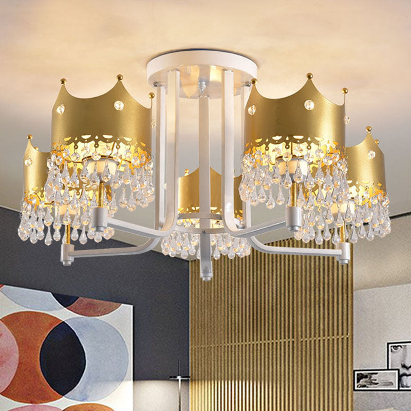 Crown Shape Chandelier Light Modern Waterdrop Crystal 5 Lights Gold Ceiling Light Gold Clearhalo 'Ceiling Lights' 'Chandeliers' 'Modern Chandeliers' 'Modern' Lighting' 221983