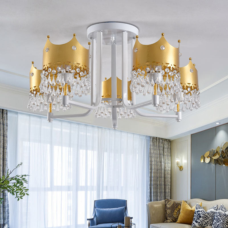 Crown Shape Chandelier Light Modern Waterdrop Crystal 5 Lights Gold Ceiling Light Clearhalo 'Ceiling Lights' 'Chandeliers' 'Modern Chandeliers' 'Modern' Lighting' 221984