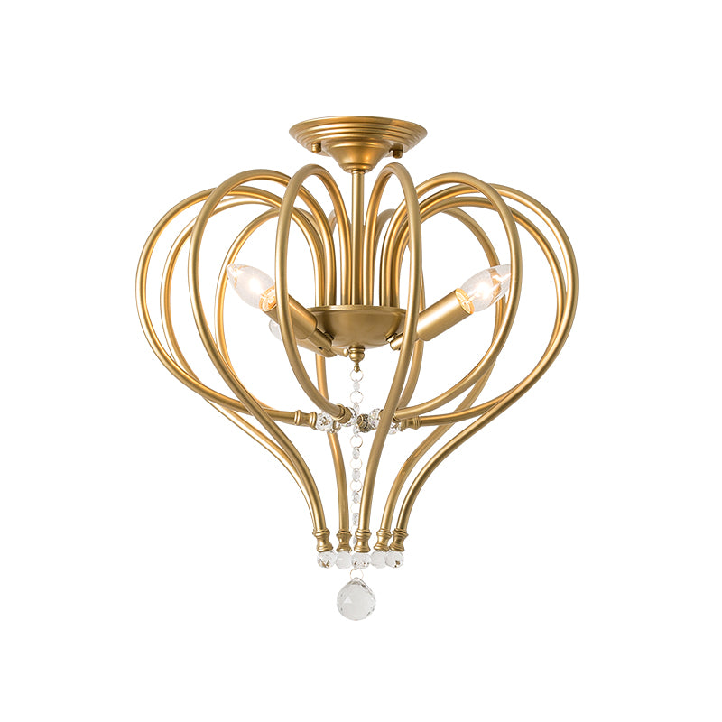 Gold Crown Semi Flush Light Fixture Contemporary 3 Lights Metal Close to Ceiling Light with Crystal Drop Clearhalo 'Ceiling Lights' 'Close To Ceiling Lights' 'Close to ceiling' 'Semi-flushmount' Lighting' 221990