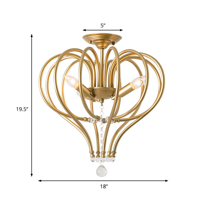 Gold Crown Semi Flush Light Fixture Contemporary 3 Lights Metal Close to Ceiling Light with Crystal Drop Clearhalo 'Ceiling Lights' 'Close To Ceiling Lights' 'Close to ceiling' 'Semi-flushmount' Lighting' 221991