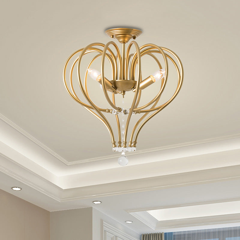 Gold Crown Semi Flush Light Fixture Contemporary 3 Lights Metal Close to Ceiling Light with Crystal Drop Clearhalo 'Ceiling Lights' 'Close To Ceiling Lights' 'Close to ceiling' 'Semi-flushmount' Lighting' 221993