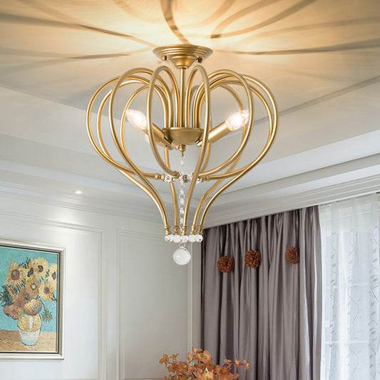 Gold Crown Semi Flush Light Fixture Contemporary 3 Lights Metal Close to Ceiling Light with Crystal Drop Gold Clearhalo 'Ceiling Lights' 'Close To Ceiling Lights' 'Close to ceiling' 'Semi-flushmount' Lighting' 221994