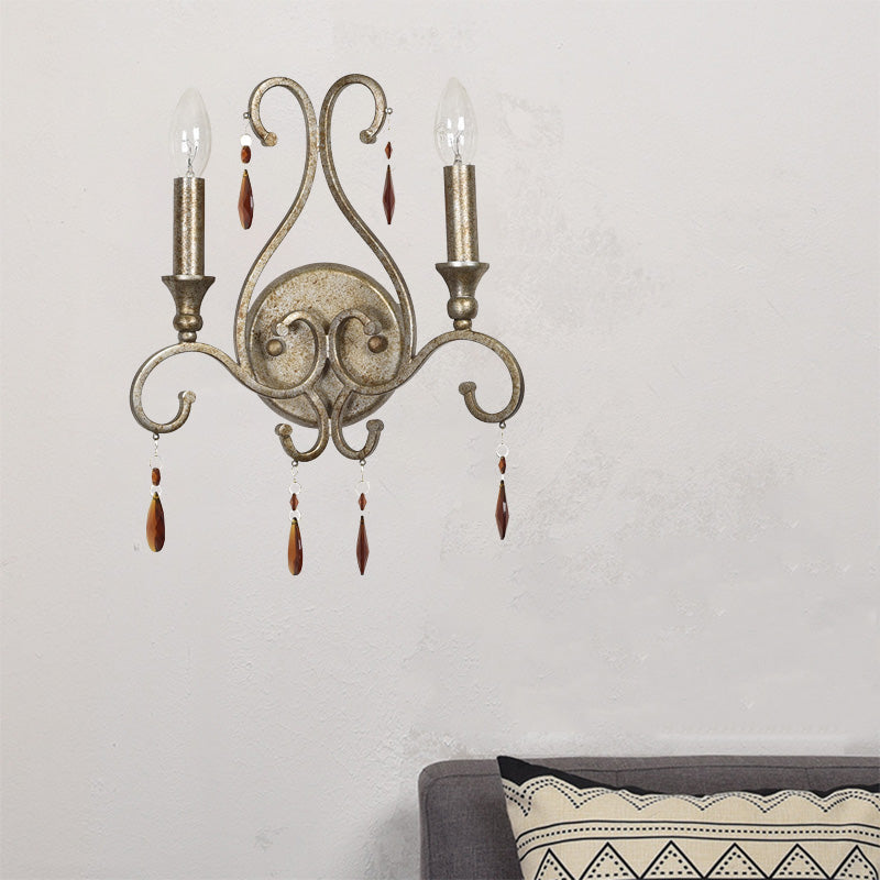 Candle Wall Sconce French Country Iron 2 Lights Aged Silver Sconce Light Fixture with K9 Crystal Deco Silver Clearhalo 'Modern wall lights' 'Modern' 'Wall Lamps & Sconces' 'Wall Lights' Lighting' 222014