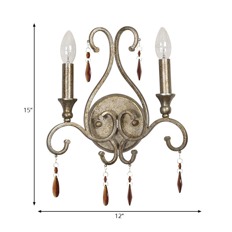 Candle Wall Sconce French Country Iron 2 Lights Aged Silver Sconce Light Fixture with K9 Crystal Deco Clearhalo 'Modern wall lights' 'Modern' 'Wall Lamps & Sconces' 'Wall Lights' Lighting' 222017