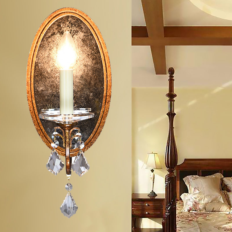 Open Bulb Wall Sconce French Country Clear Crystal 1 Head Antique Brass Wall Lighting with Oval Backplate Antique Brass Clearhalo 'Cast Iron' 'Glass' 'Industrial' 'Modern wall lights' 'Modern' 'Tiffany' 'Traditional wall lights' 'Wall Lamps & Sconces' 'Wall Lights' Lighting' 222028