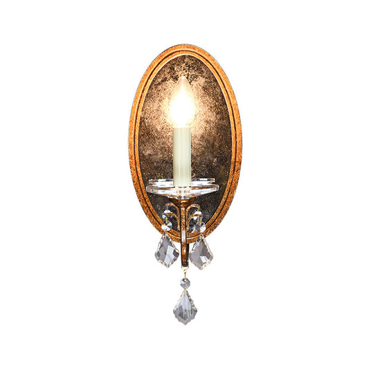 Open Bulb Wall Sconce French Country Clear Crystal 1 Head Antique Brass Wall Lighting with Oval Backplate Clearhalo 'Cast Iron' 'Glass' 'Industrial' 'Modern wall lights' 'Modern' 'Tiffany' 'Traditional wall lights' 'Wall Lamps & Sconces' 'Wall Lights' Lighting' 222030