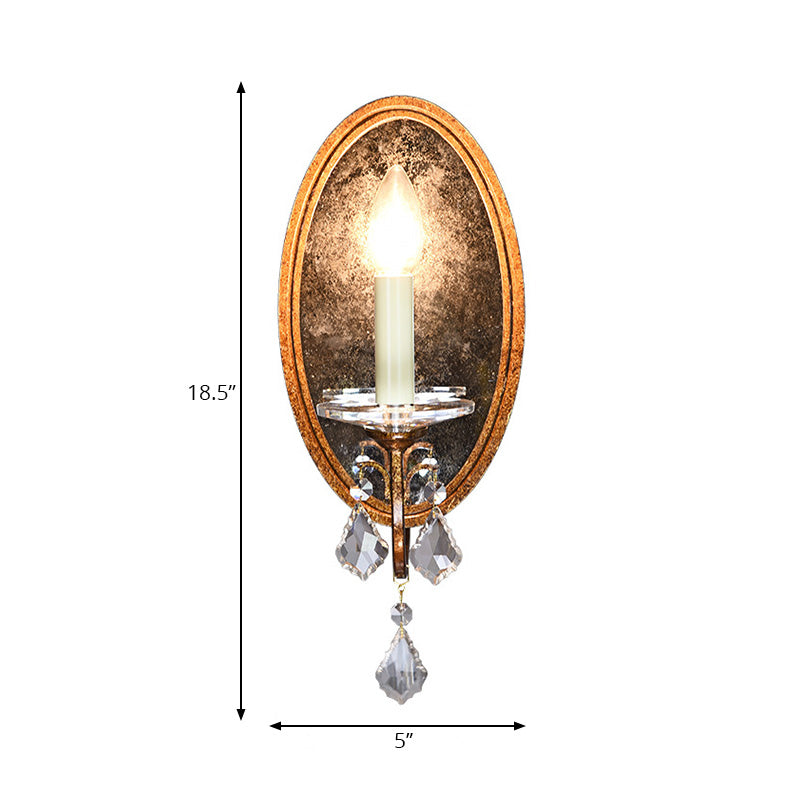 Open Bulb Wall Sconce French Country Clear Crystal 1 Head Antique Brass Wall Lighting with Oval Backplate Clearhalo 'Cast Iron' 'Glass' 'Industrial' 'Modern wall lights' 'Modern' 'Tiffany' 'Traditional wall lights' 'Wall Lamps & Sconces' 'Wall Lights' Lighting' 222031