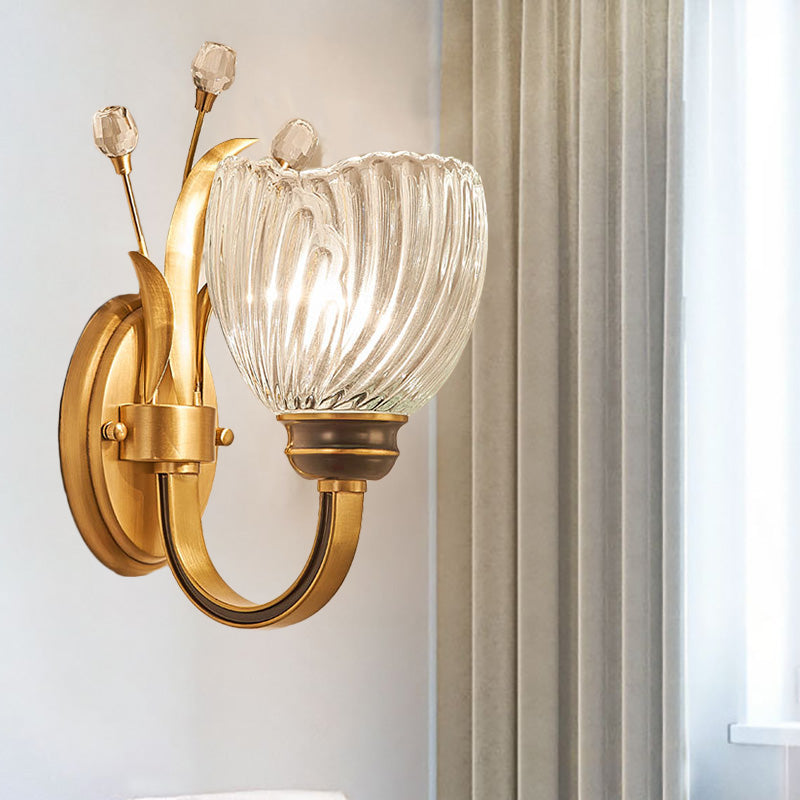Modernist 1/2-Light Wall Lighting with Clear Crystal Shade Brass Finish Bowl Wall Sconce for Living Room Clearhalo 'Modern wall lights' 'Modern' 'Wall Lamps & Sconces' 'Wall Lights' Lighting' 222084