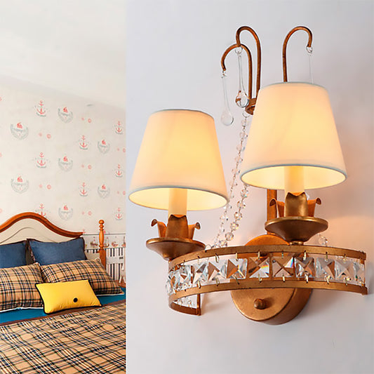 Fabric Cone Wall Mount Lighting Vintage Stylish 2 Bulbs Brass Finish Wall Lamp with Clear Crystal Accent Brass Clearhalo 'Cast Iron' 'Glass' 'Industrial' 'Modern wall lights' 'Modern' 'Tiffany' 'Traditional wall lights' 'Wall Lamps & Sconces' 'Wall Lights' Lighting' 222100