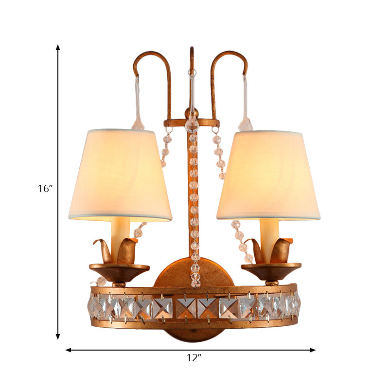 Fabric Cone Wall Mount Lighting Vintage Stylish 2 Bulbs Brass Finish Wall Lamp with Clear Crystal Accent Clearhalo 'Cast Iron' 'Glass' 'Industrial' 'Modern wall lights' 'Modern' 'Tiffany' 'Traditional wall lights' 'Wall Lamps & Sconces' 'Wall Lights' Lighting' 222103