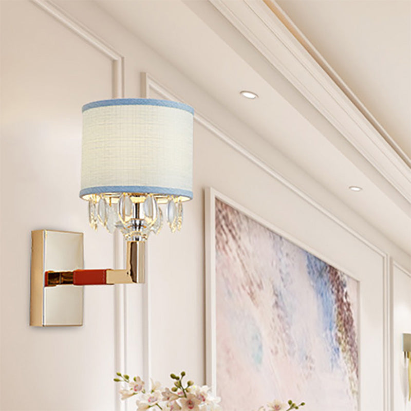 Drum Fabric Shade Wall Sconce Fixture Contemporary 1 Bulb Gold Finish Wall Light with Clear Crystal Deco Gold Clearhalo 'Cast Iron' 'Glass' 'Industrial' 'Modern wall lights' 'Modern' 'Tiffany' 'Traditional wall lights' 'Wall Lamps & Sconces' 'Wall Lights' Lighting' 222104