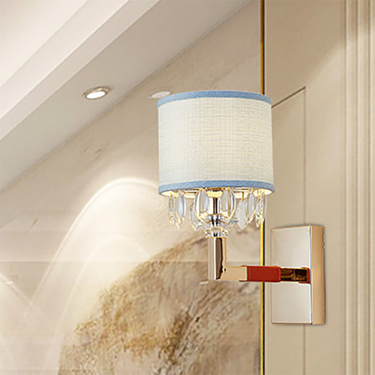 Drum Fabric Shade Wall Sconce Fixture Contemporary 1 Bulb Gold Finish Wall Light with Clear Crystal Deco Clearhalo 'Cast Iron' 'Glass' 'Industrial' 'Modern wall lights' 'Modern' 'Tiffany' 'Traditional wall lights' 'Wall Lamps & Sconces' 'Wall Lights' Lighting' 222105