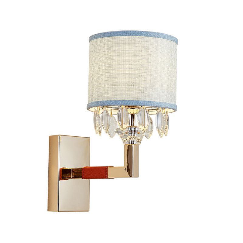 Drum Fabric Shade Wall Sconce Fixture Contemporary 1 Bulb Gold Finish Wall Light with Clear Crystal Deco Clearhalo 'Cast Iron' 'Glass' 'Industrial' 'Modern wall lights' 'Modern' 'Tiffany' 'Traditional wall lights' 'Wall Lamps & Sconces' 'Wall Lights' Lighting' 222106
