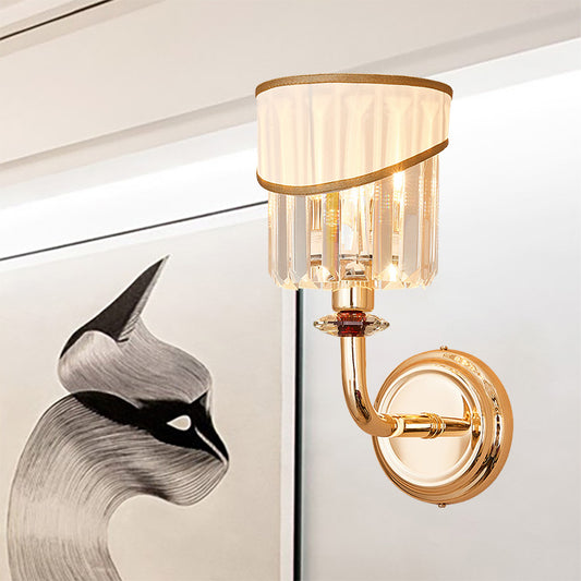 Tapered Fabric Shade Wall Light Modern Style 1 Head Gold Wall Mount Lamp with Clear Crystal Prism and Curved Arm Gold Clearhalo 'Cast Iron' 'Glass' 'Industrial' 'Modern wall lights' 'Modern' 'Tiffany' 'Traditional wall lights' 'Wall Lamps & Sconces' 'Wall Lights' Lighting' 222109