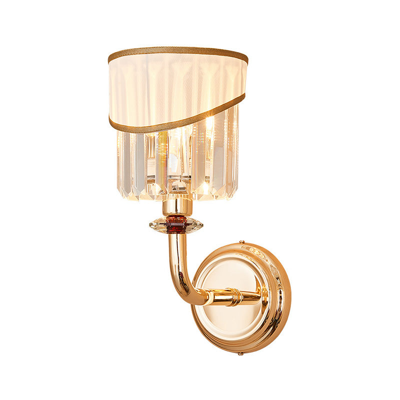 Tapered Fabric Shade Wall Light Modern Style 1 Head Gold Wall Mount Lamp with Clear Crystal Prism and Curved Arm Clearhalo 'Cast Iron' 'Glass' 'Industrial' 'Modern wall lights' 'Modern' 'Tiffany' 'Traditional wall lights' 'Wall Lamps & Sconces' 'Wall Lights' Lighting' 222111