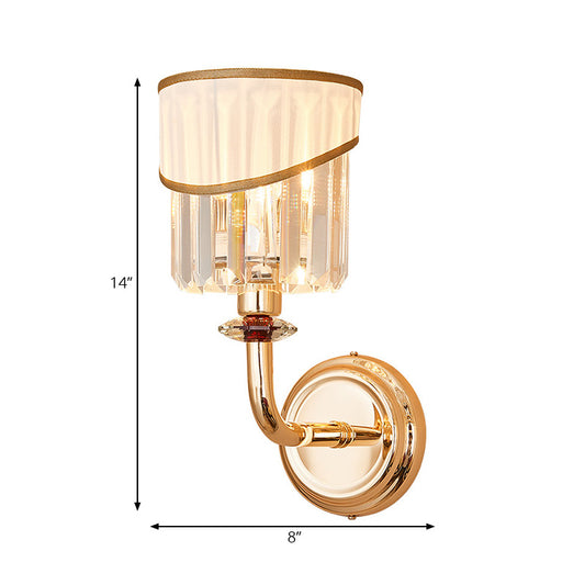 Tapered Fabric Shade Wall Light Modern Style 1 Head Gold Wall Mount Lamp with Clear Crystal Prism and Curved Arm Clearhalo 'Cast Iron' 'Glass' 'Industrial' 'Modern wall lights' 'Modern' 'Tiffany' 'Traditional wall lights' 'Wall Lamps & Sconces' 'Wall Lights' Lighting' 222112