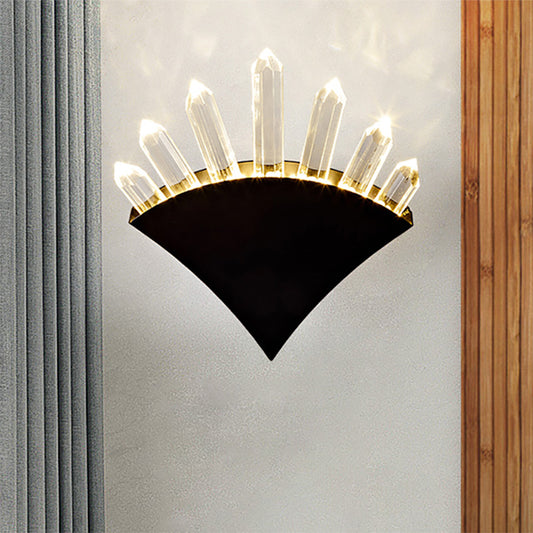 Black Fan Shaped Wall Light Fixture Contemporary Style 1/2-Light Metal Wall Sconce with Clear Crystal Prism 1.0 Black Clearhalo 'Cast Iron' 'Glass' 'Industrial' 'Modern wall lights' 'Modern' 'Tiffany' 'Traditional wall lights' 'Wall Lamps & Sconces' 'Wall Lights' Lighting' 222117
