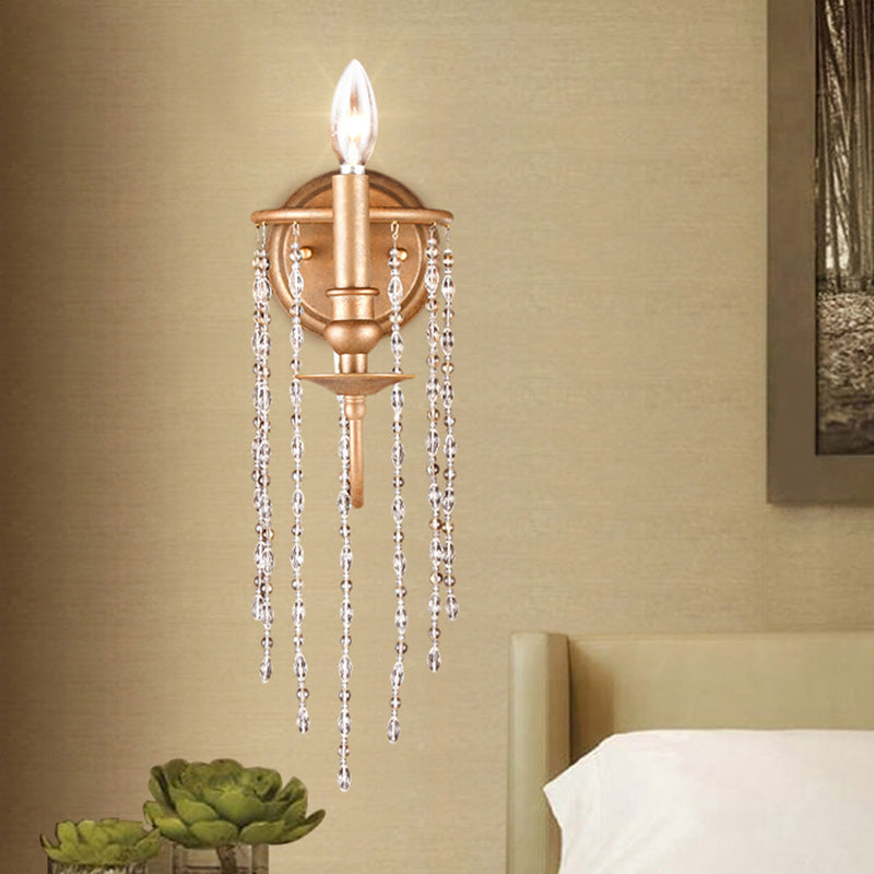 Open Bulb Metal Wall Mounted Lamp Modern Style 1 Head Copper Sconce Light with Clear Crystal Beaded Strand Copper Clearhalo 'Cast Iron' 'Glass' 'Industrial' 'Modern wall lights' 'Modern' 'Tiffany' 'Traditional wall lights' 'Wall Lamps & Sconces' 'Wall Lights' Lighting' 222136