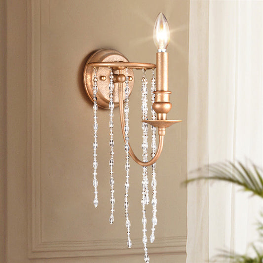 Open Bulb Metal Wall Mounted Lamp Modern Style 1 Head Copper Sconce Light with Clear Crystal Beaded Strand Clearhalo 'Cast Iron' 'Glass' 'Industrial' 'Modern wall lights' 'Modern' 'Tiffany' 'Traditional wall lights' 'Wall Lamps & Sconces' 'Wall Lights' Lighting' 222137