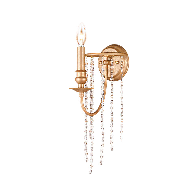 Open Bulb Metal Wall Mounted Lamp Modern Style 1 Head Copper Sconce Light with Clear Crystal Beaded Strand Clearhalo 'Cast Iron' 'Glass' 'Industrial' 'Modern wall lights' 'Modern' 'Tiffany' 'Traditional wall lights' 'Wall Lamps & Sconces' 'Wall Lights' Lighting' 222138