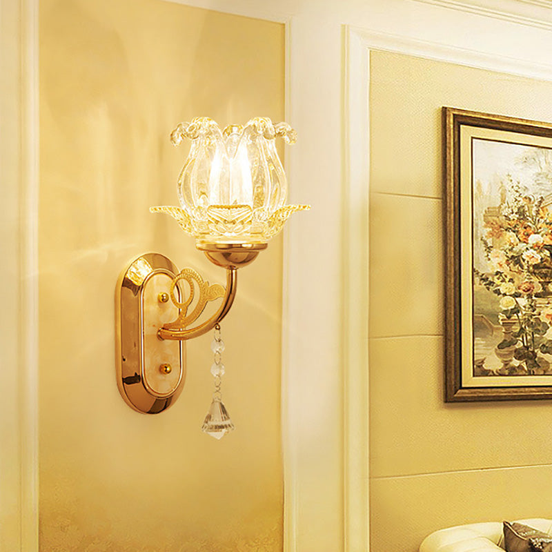 1/2-Bulb Bedside Wall Sconce Lamp Vintage Style Golden Wall Light with Flower Amber Glass Shade and Pull Chain 1.0 Gold Clearhalo 'Modern wall lights' 'Modern' 'Wall Lamps & Sconces' 'Wall Lights' Lighting' 222144