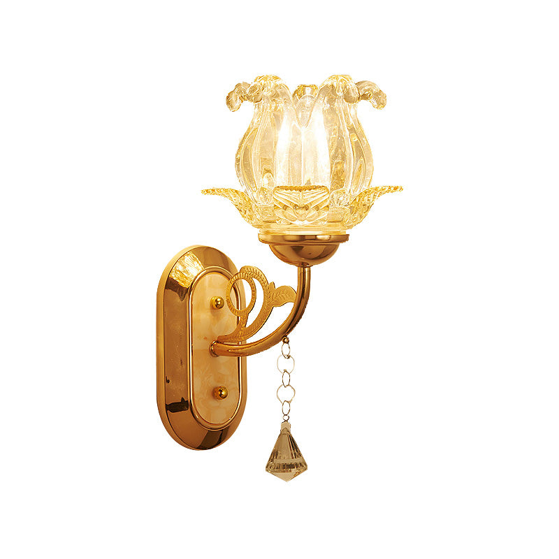 1/2-Bulb Bedside Wall Sconce Lamp Vintage Style Golden Wall Light with Flower Amber Glass Shade and Pull Chain Clearhalo 'Modern wall lights' 'Modern' 'Wall Lamps & Sconces' 'Wall Lights' Lighting' 222146