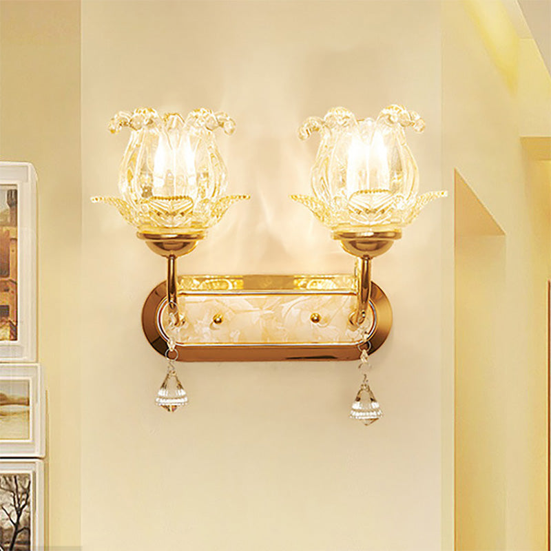 1/2-Bulb Bedside Wall Sconce Lamp Vintage Style Golden Wall Light with Flower Amber Glass Shade and Pull Chain 2.0 Gold Clearhalo 'Modern wall lights' 'Modern' 'Wall Lamps & Sconces' 'Wall Lights' Lighting' 222148