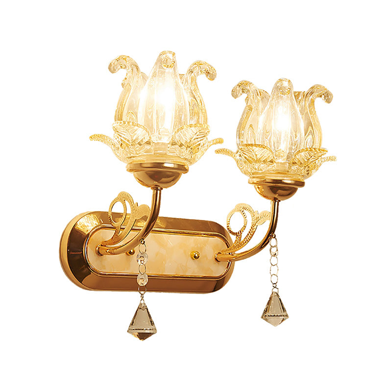 1/2-Bulb Bedside Wall Sconce Lamp Vintage Style Golden Wall Light with Flower Amber Glass Shade and Pull Chain Clearhalo 'Modern wall lights' 'Modern' 'Wall Lamps & Sconces' 'Wall Lights' Lighting' 222149