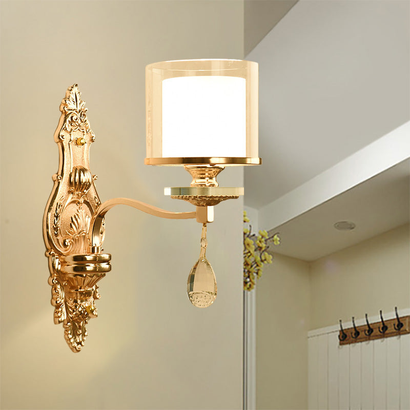 Gold Finish Cylinder Sconce Light Vintage 1/2-Bulb Metal Wall Light Fixture with Double Glass Shade and Crystal Deco 1.0 Gold Clearhalo 'Modern wall lights' 'Modern' 'Wall Lamps & Sconces' 'Wall Lights' Lighting' 222151