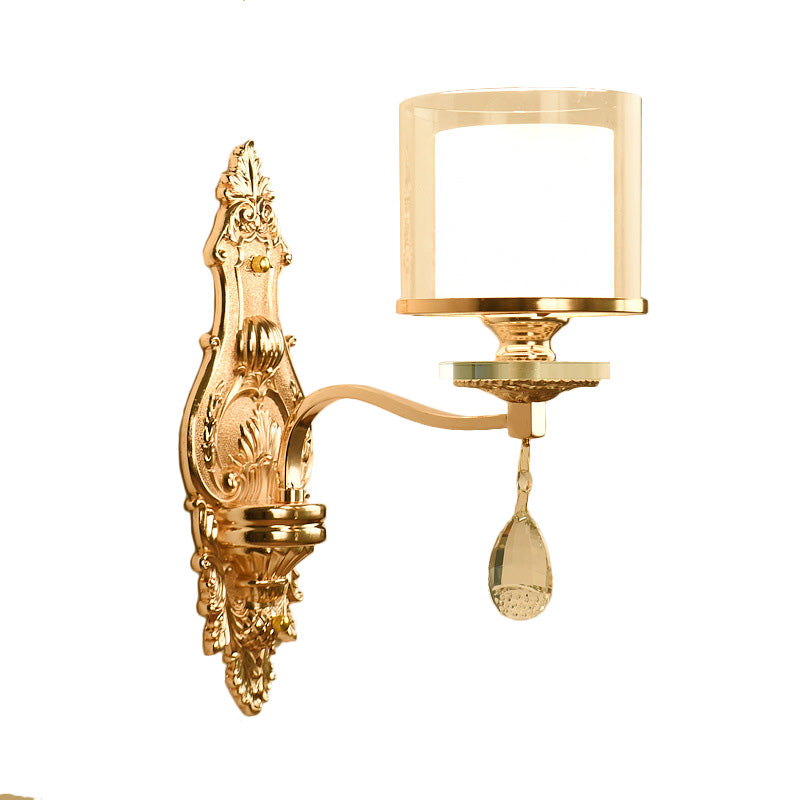 Gold Finish Cylinder Sconce Light Vintage 1/2-Bulb Metal Wall Light Fixture with Double Glass Shade and Crystal Deco Clearhalo 'Modern wall lights' 'Modern' 'Wall Lamps & Sconces' 'Wall Lights' Lighting' 222153